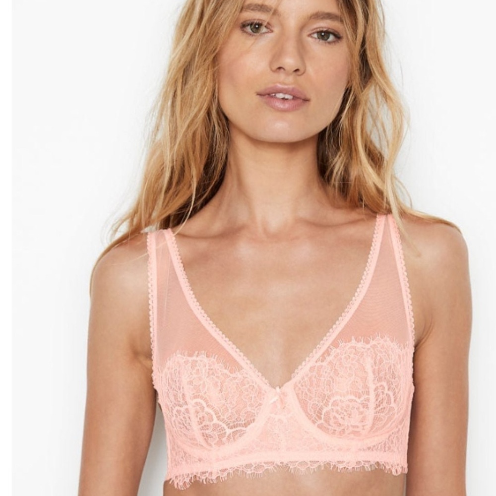 Victoria's Secret Angels Floral Lace Bra | Sheer, mesh, Plunge unlined Pink 32DD